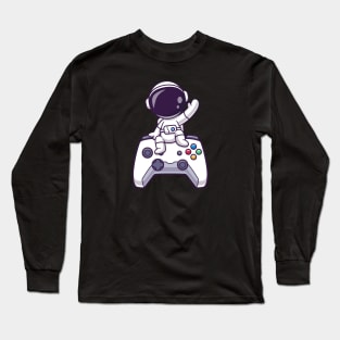 Cute Astronaut Sitting On Game Controller Cartoon Long Sleeve T-Shirt